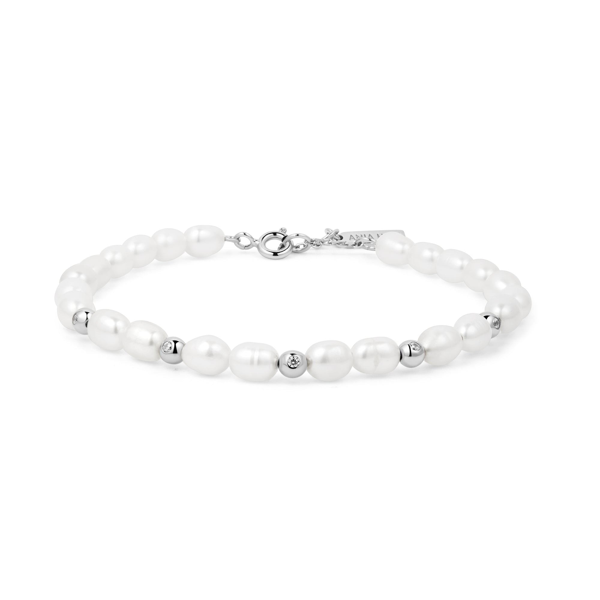 Silver Freshwater Pearl and White Cubic Zirconia Bezel Set Bracelet