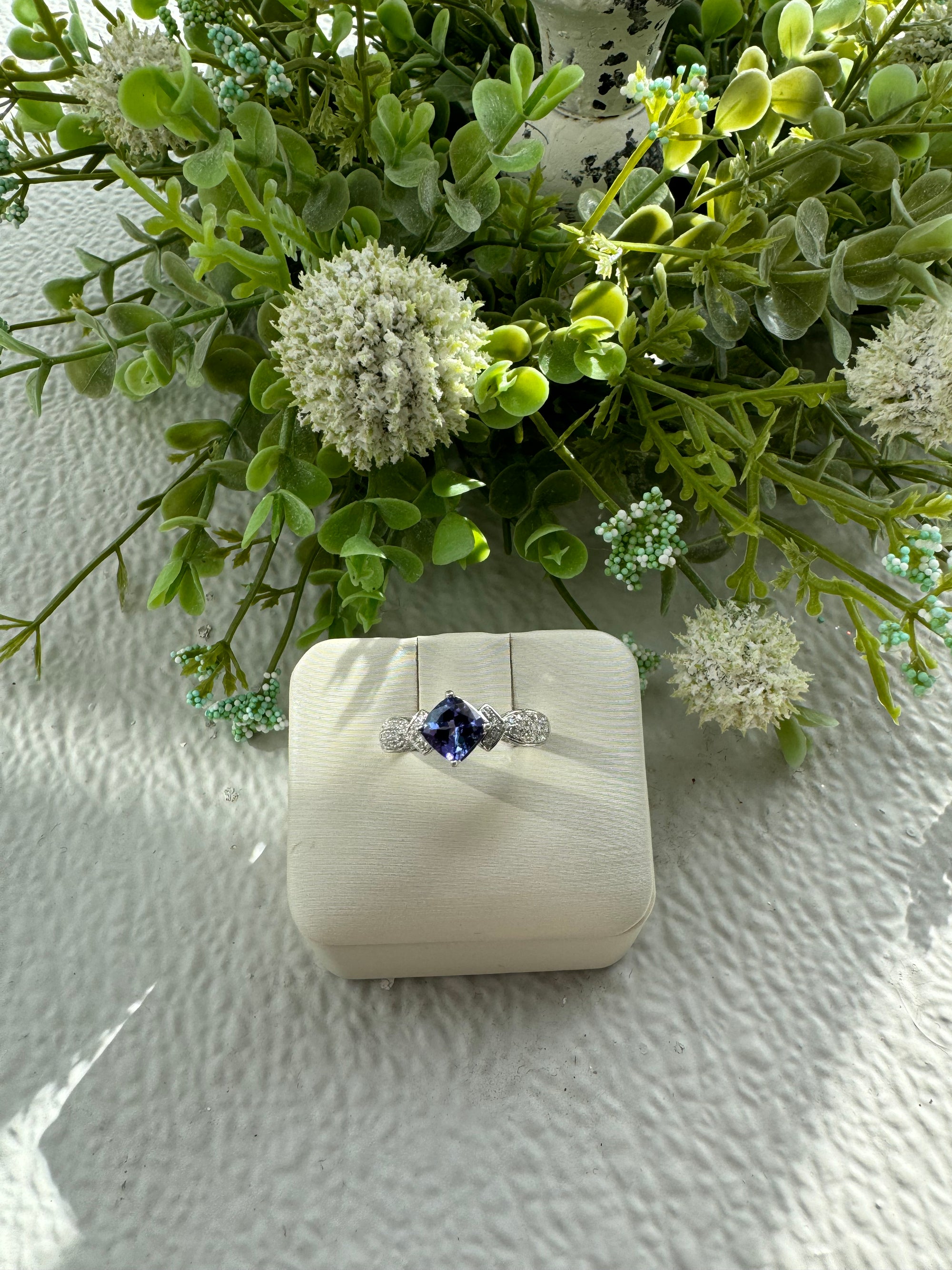 Cushion Cut Tanzanite Ring with Side Diamonds