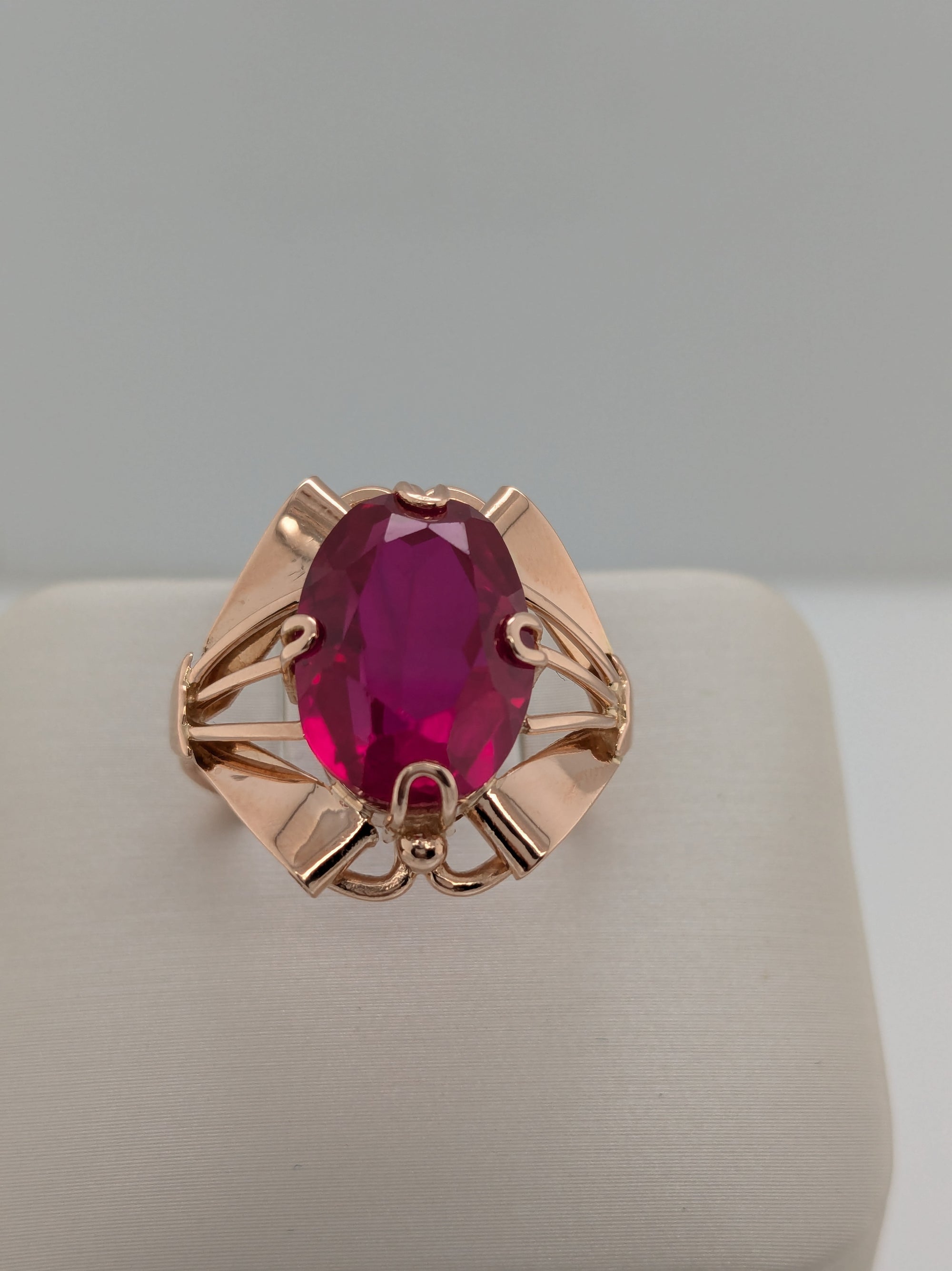 Created Ruby Cocktail Ring-Soviet Jewelry